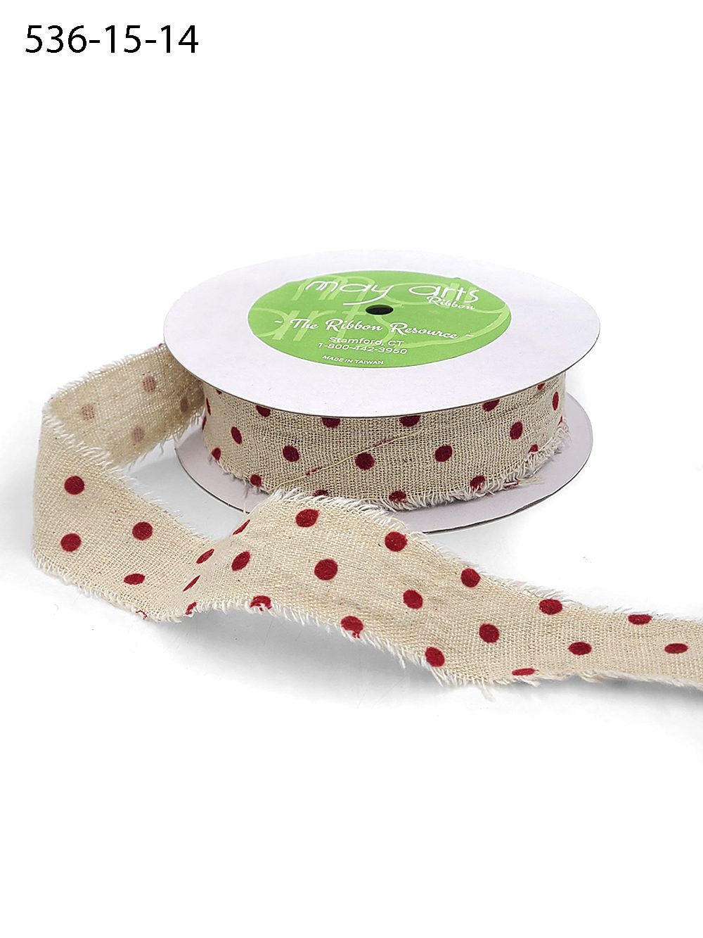 Ribbon by the Yard - 1.5 Inch Red Velvet Polka Dots on Natural Ribbon with Frayed Edge