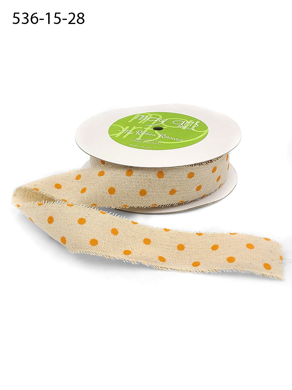 Ribbon by the Yard - 1.5 Inch Orange Velvet Polka Dots on Natural Ribbon with Frayed Edge