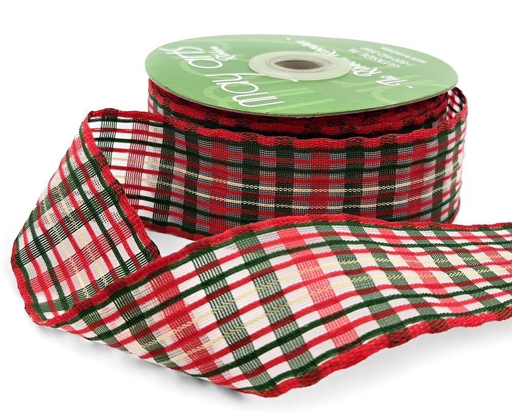 Ribbon by the Yard - 1.5 inch Sheer Christmas Plaid Check with Woven Edge