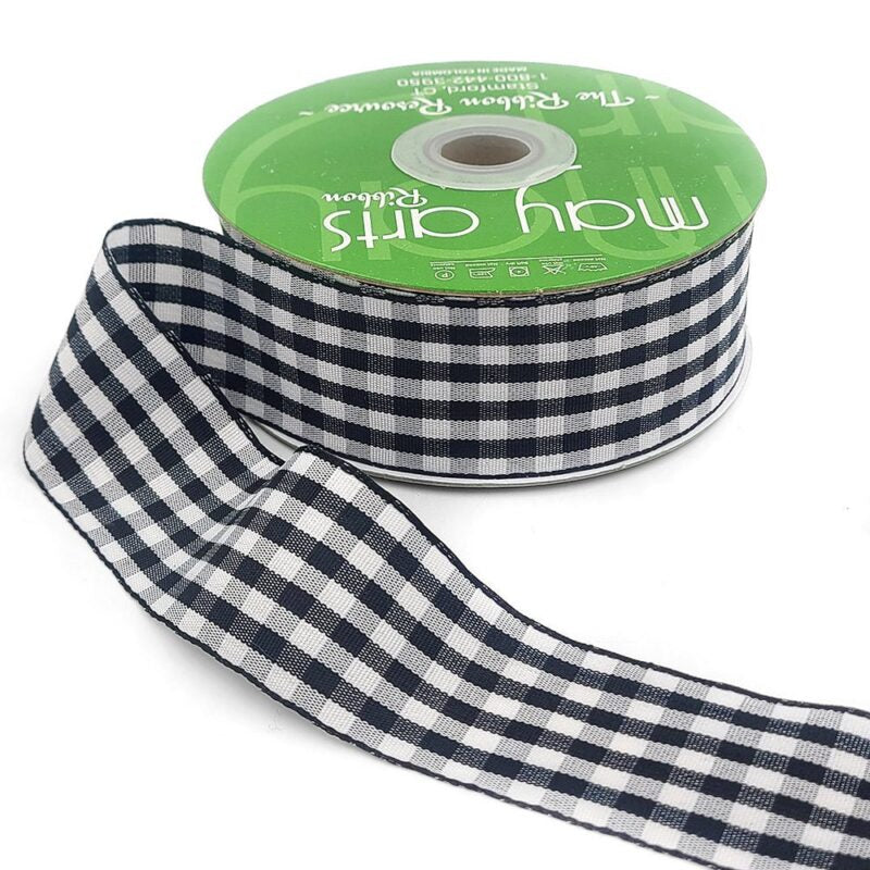 Ribbon by the Yard -  Black 1.5 Inch Checkered Gingham Ribbon with Woven Edge