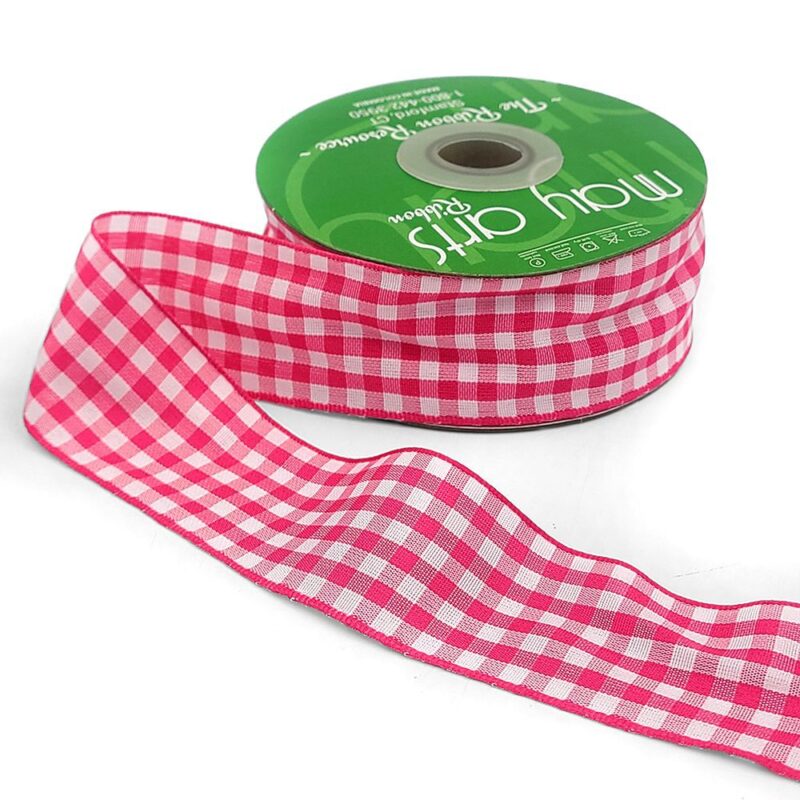 Ribbon by the Yard -  Pink 1.5 Inch Checkered Gingham Ribbon with Woven Edge