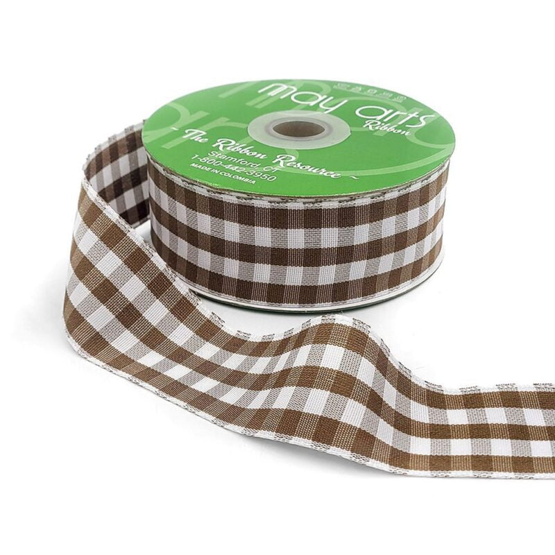 Ribbon by the Yard -  Gingerbread 1.5 Inch Checkered Gingham Ribbon with Woven Edge