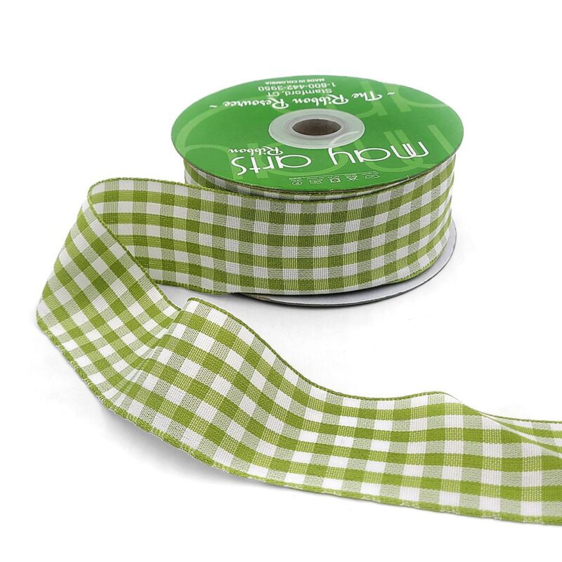 Ribbon by the Yard -  Light Green 1.5 Inch Checkered Gingham Ribbon with Woven Edge