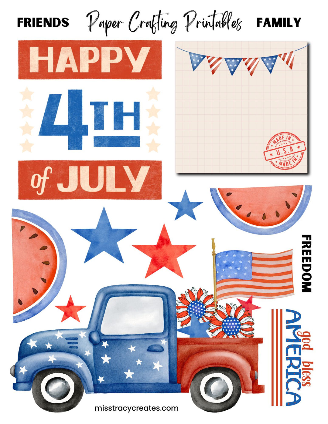 Happy 4th - Blue and Red Truck - Paper Crafting Printable